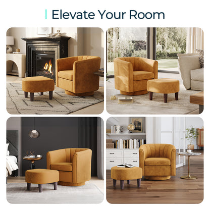Swivel Accent Chair with Ottoman, Velvet Barrel Chair for Living Room