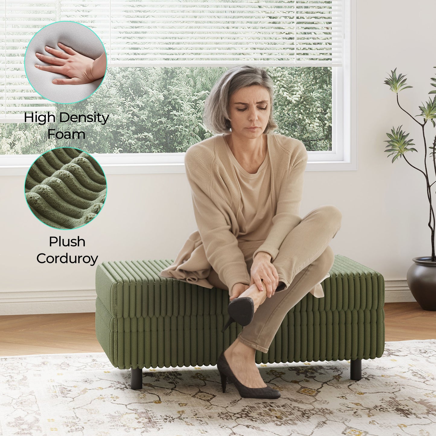 LINSY HOME Corduroy Storage Ottoman Bench, Upholstered End of Bed Bench with Hidden Storage