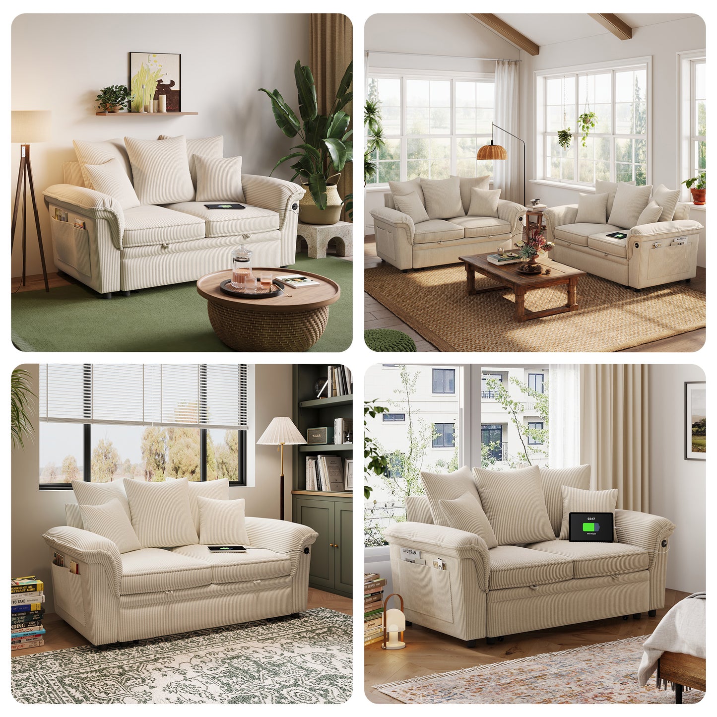 Linsy HS039-01 Pull Out Couch Chaise Lounge, Convertible Loveseat Sofa Couch with Usb & Two Pillows
