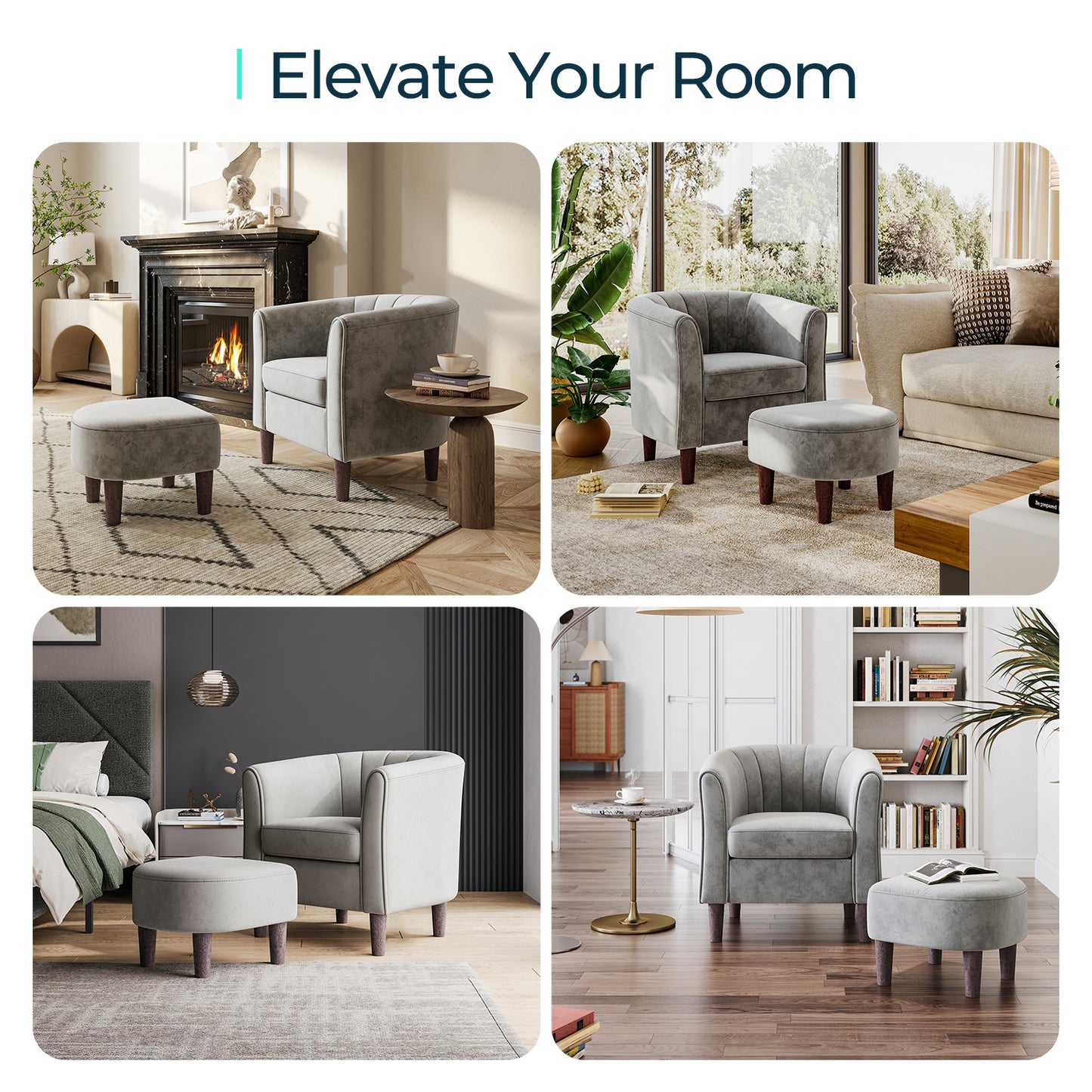 Barrel Chair with Ottoman, Velvet Accent Chair Round Armchair Reading Chair with Footrest for Bedroom, Small Spaces