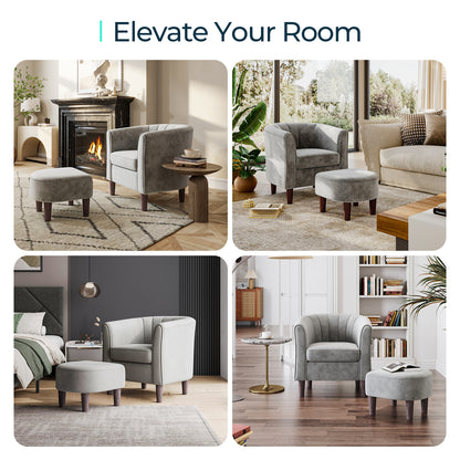 Barrel Chair with Ottoman, Velvet Accent Chair Round Armchair Reading Chair with Footrest for Bedroom, Small Spaces