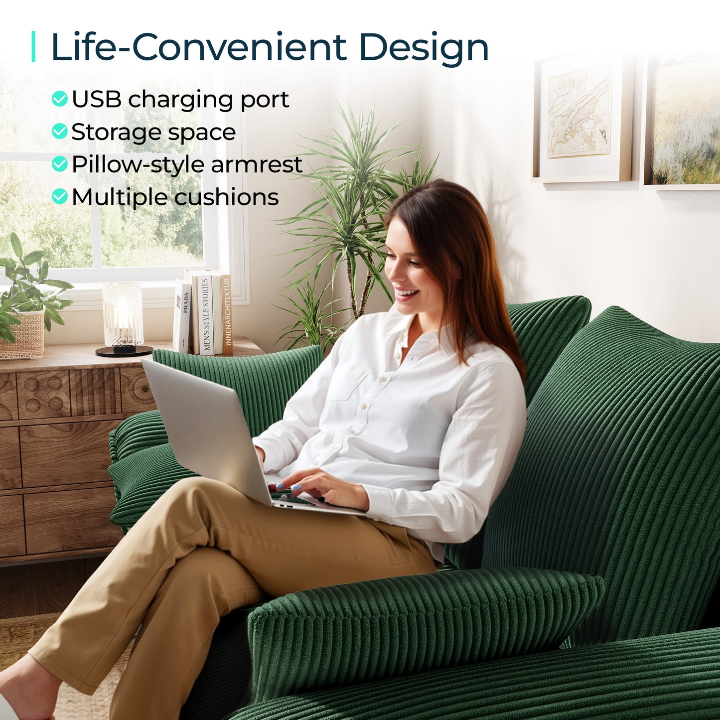Linsy Home HS039-03 Sofa Bed with Reversible Storage Chaise, Pull Out Couch Bed with USB