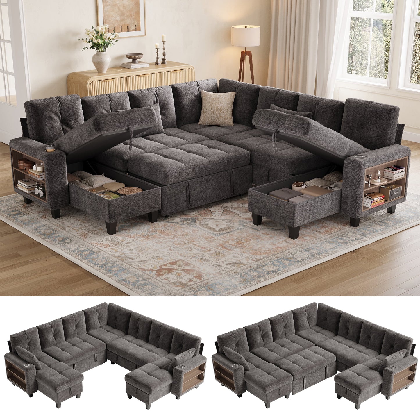 LINSY HOME 107in Modular Sectional Sofa with Pull Out Bed, Multi-functional Armrest & Storage Chaise, 7-Seat Pull Out Couch with Shelves, USB Ports & Cup Holders, Chenille Gray