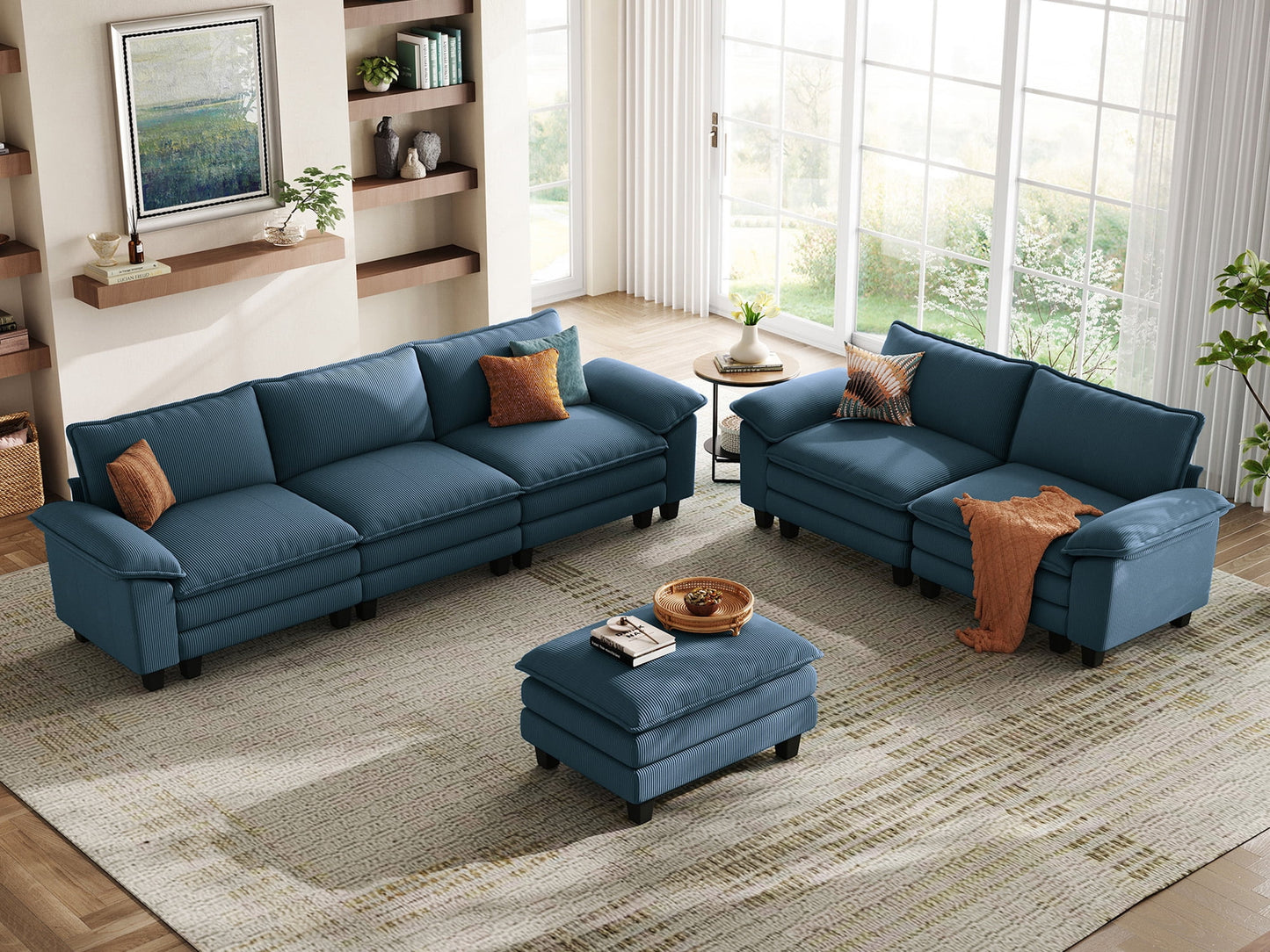 Linsy Home Oversized 3-Piece Sofa Set for Living Room, Comfy Corduroy Living Room Furniture Set Include Sectional Couch, Loveseat and Movable Ottoman