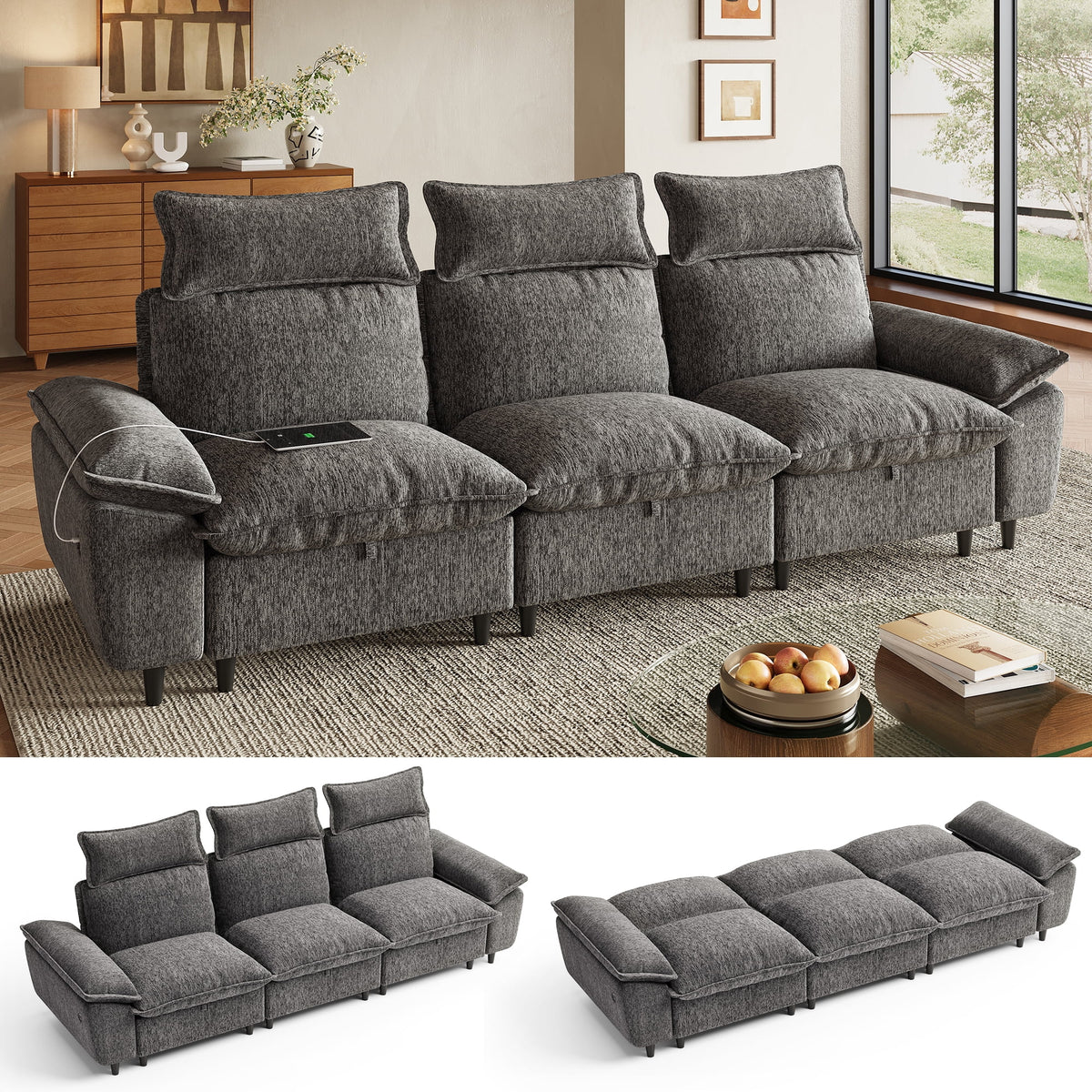 LINSY HOME 106in Sectional Sleeper Sofa with Adjustable Backrests, Chenille Convertible Sofa Bed with Storage, Removable Headrest & USB Charging for Living Room, Dark Grey