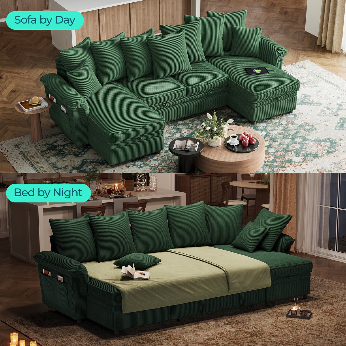 LINSY HOME Modular Sectional Sofa, Sleeper Sofa Bed with Reversible Storage Chaise, Pull Out Couch Bed with USB, Side Pocket & Two Pillows