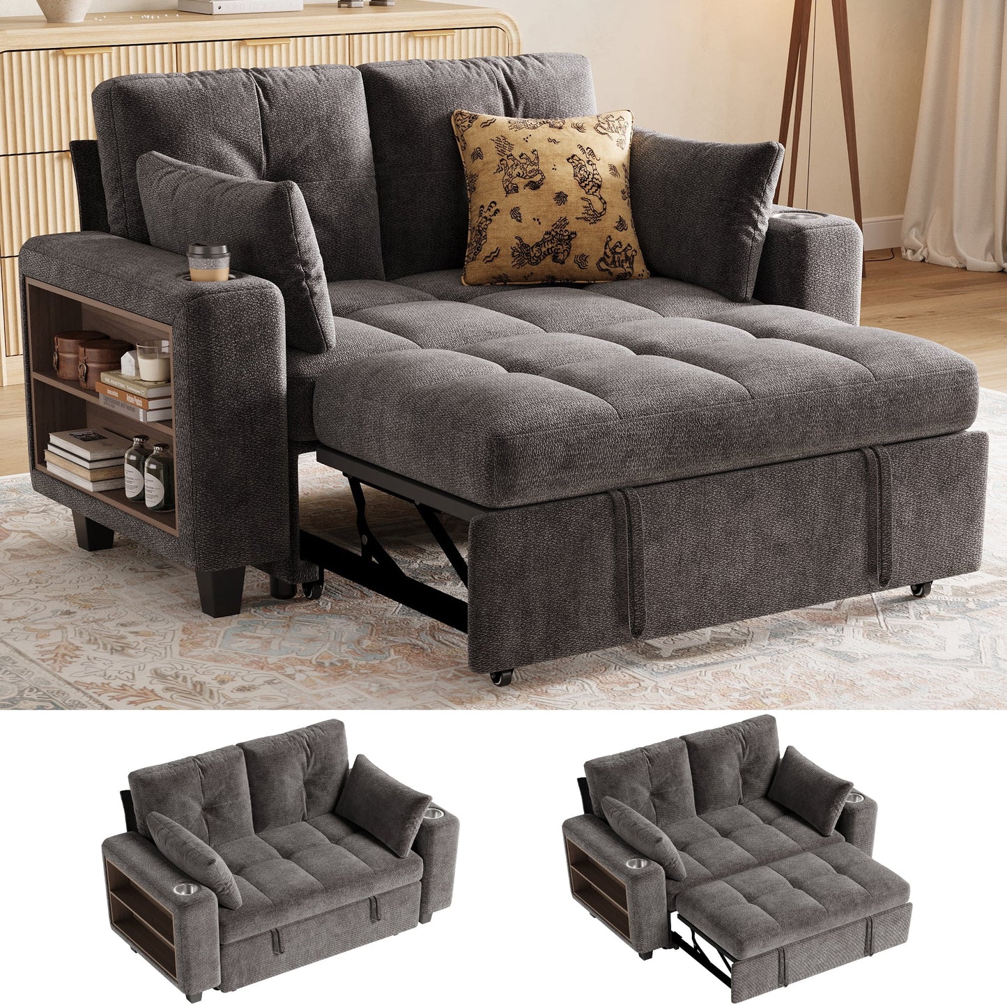 LINSY HOME 57.4in Modular Sectional Sofa with Pull Out Bed & Multi-functional Armrest for Small Spaces, 2-Seat Pull Out Couch with Shelves, USB Ports & Cup Holders, Chenille Gray
