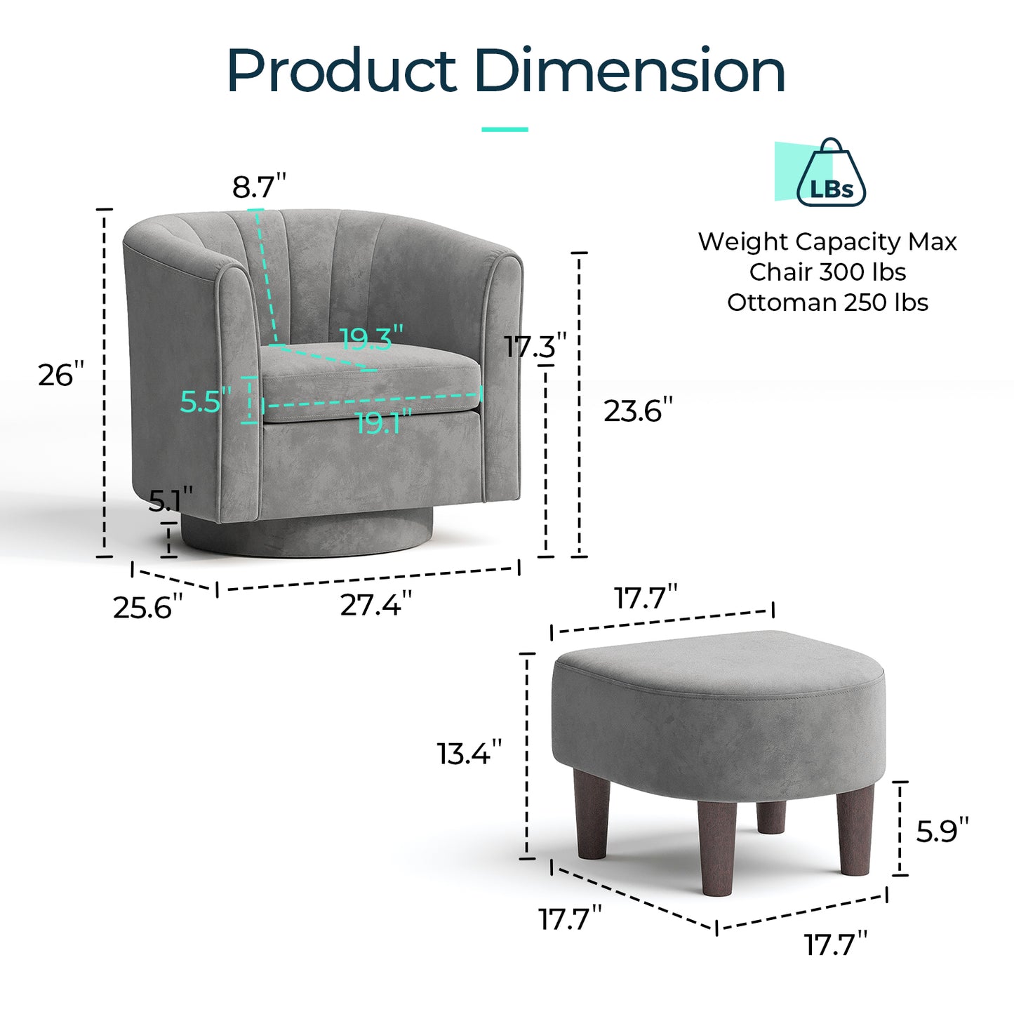 Swivel Accent Chair with Ottoman, Velvet Barrel Chair for Living Room