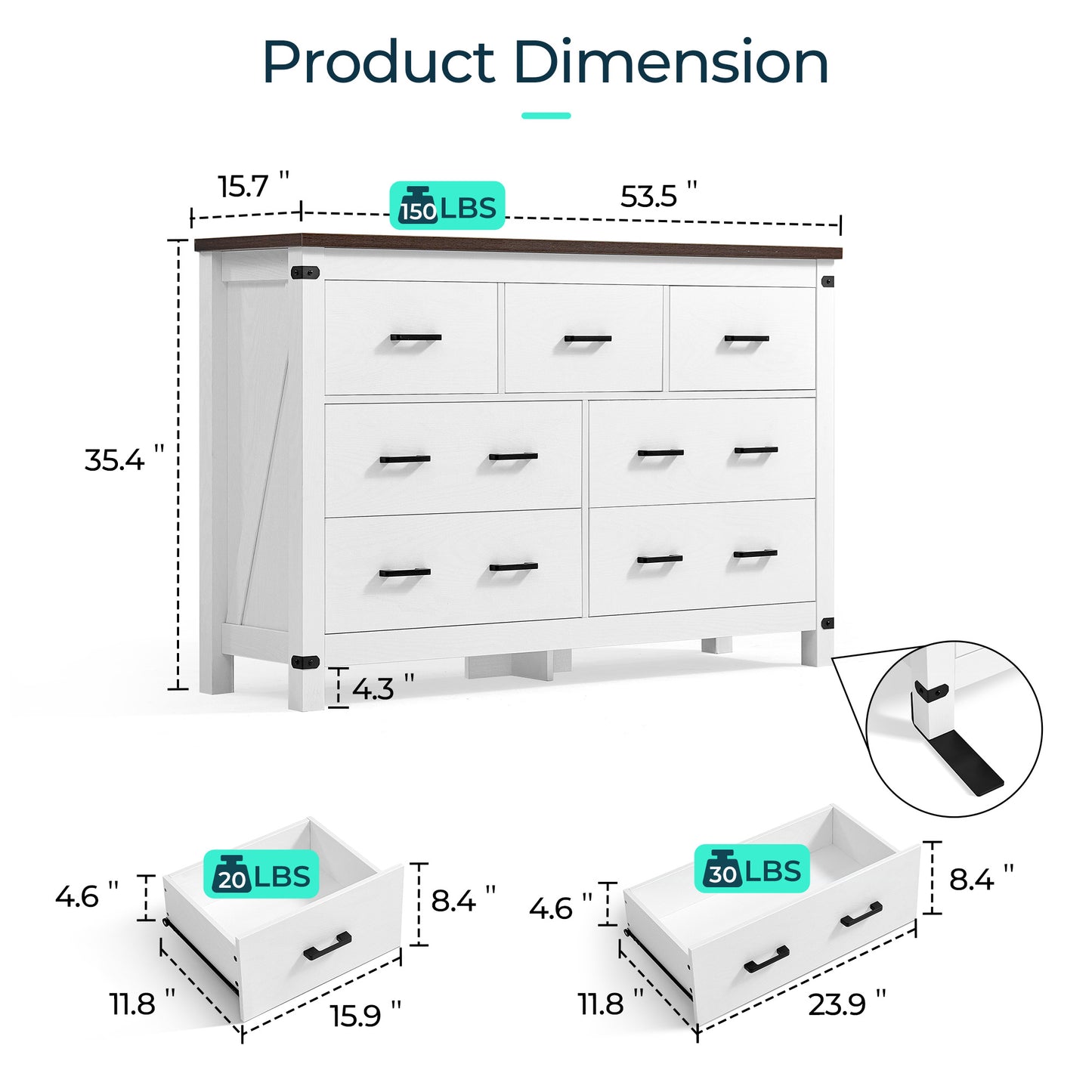 Dresser for Bedroom, Modern Dressers with Spacious Storage and Metal Handles