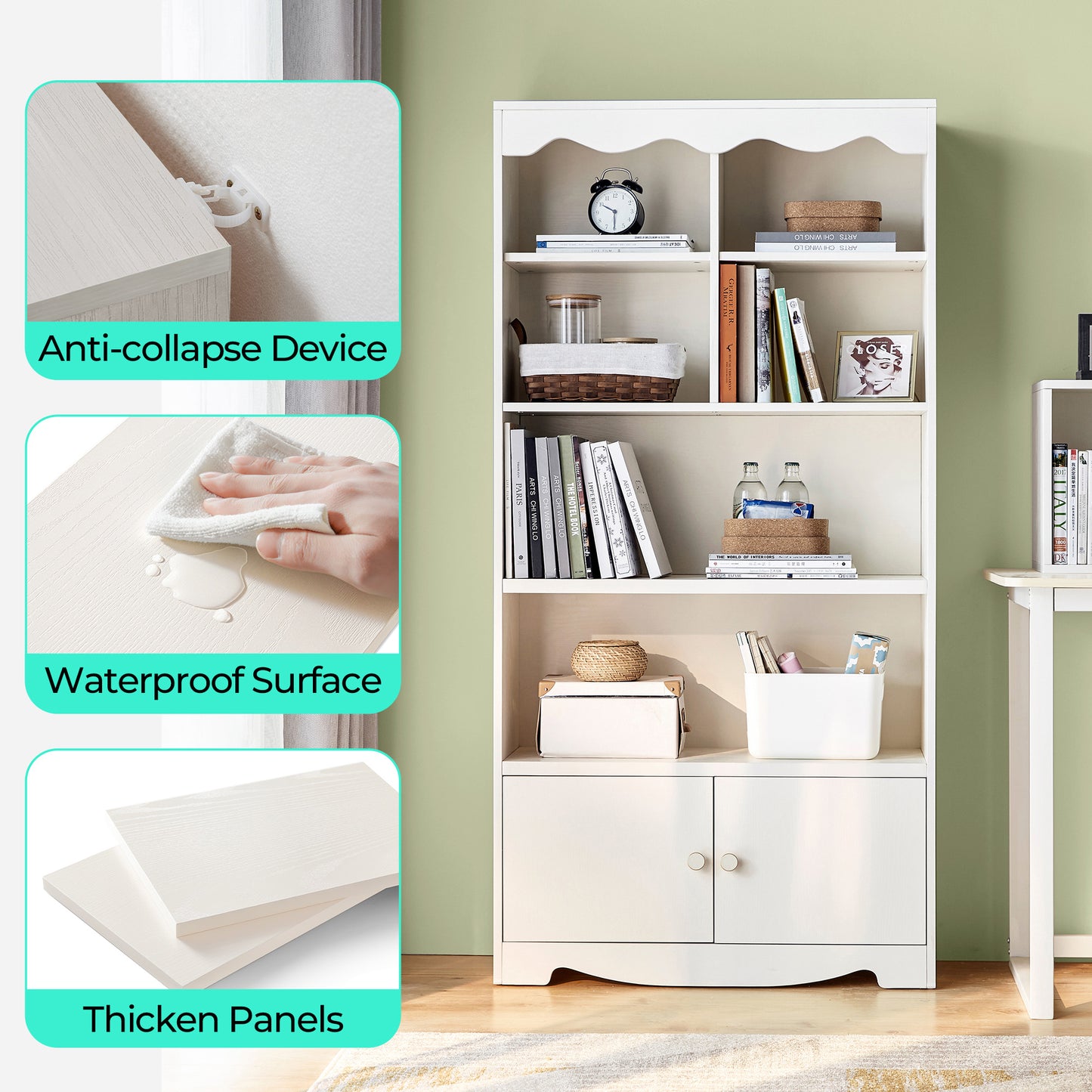 5-Tier Bookshelf, 63" Tall Freestanding Bookcase with Doors, Wooden Storage Shelves