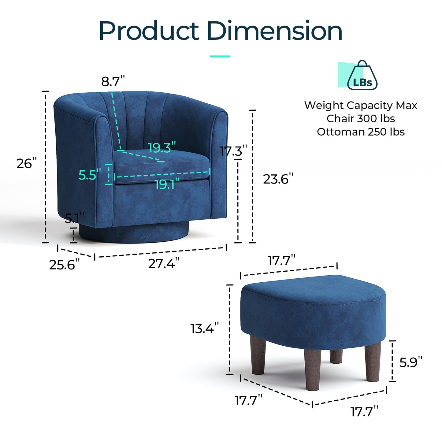 Swivel Accent Chair with Ottoman, Velvet Barrel Chair for Living Room