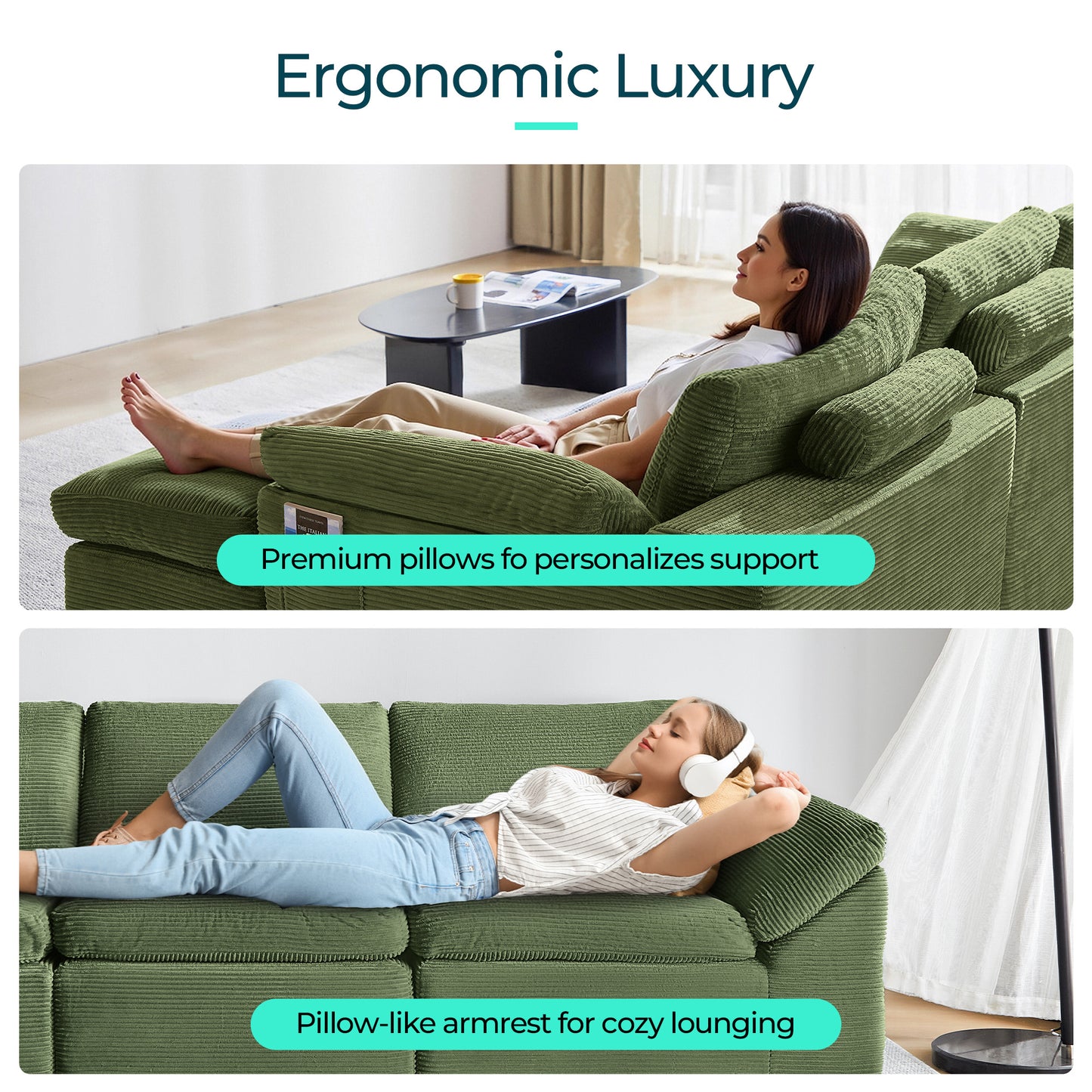 Linsy Home 2 Piece Sofa Set for Living Room, Cloud Modular Sectional Sofa with Deep Seating, Oversized Boneless Couch Set with Corduroy Fabric, Grey
