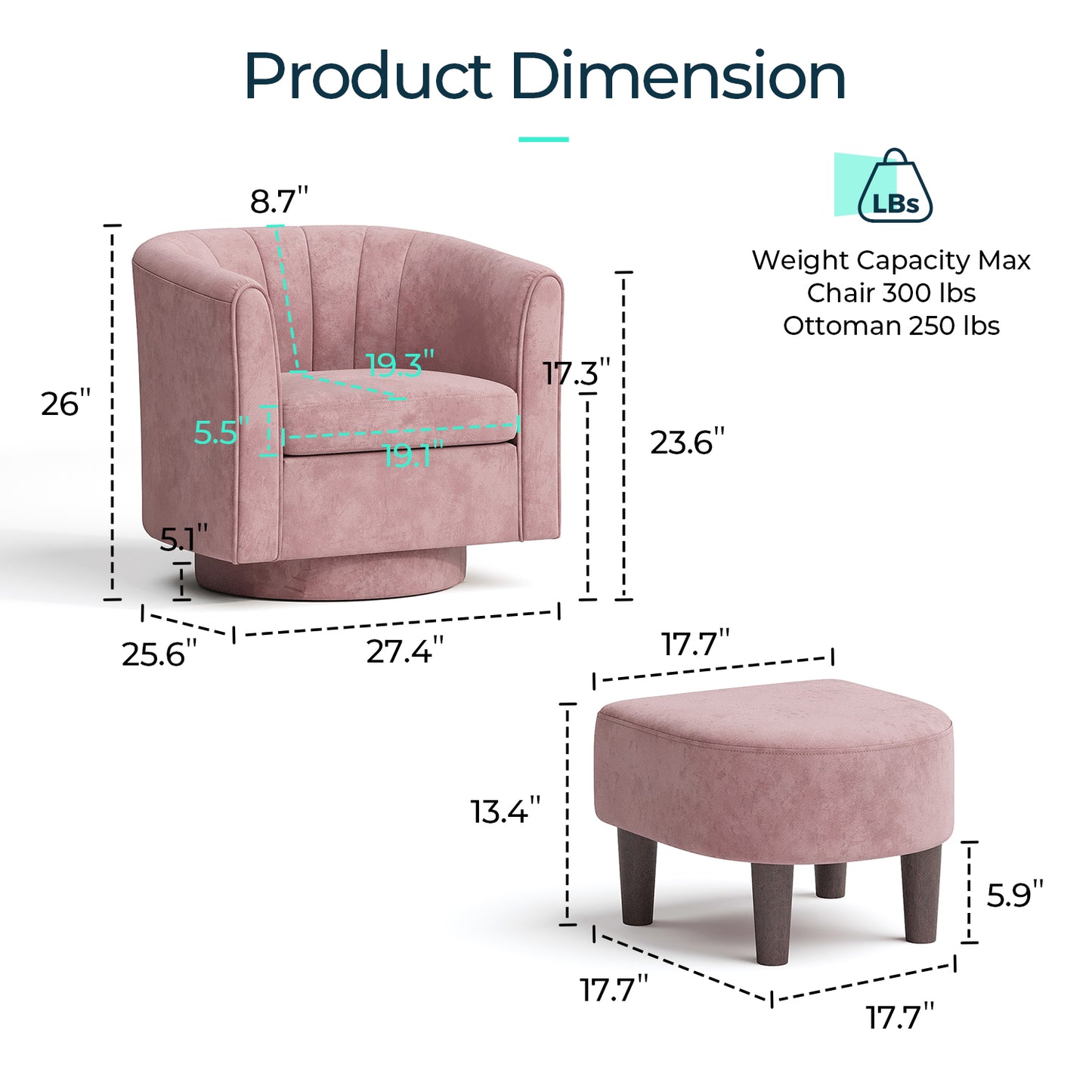 Swivel Accent Chair with Ottoman, Velvet Barrel Chair for Living Room