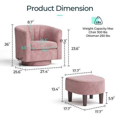 Swivel Accent Chair with Ottoman, Velvet Barrel Chair for Living Room