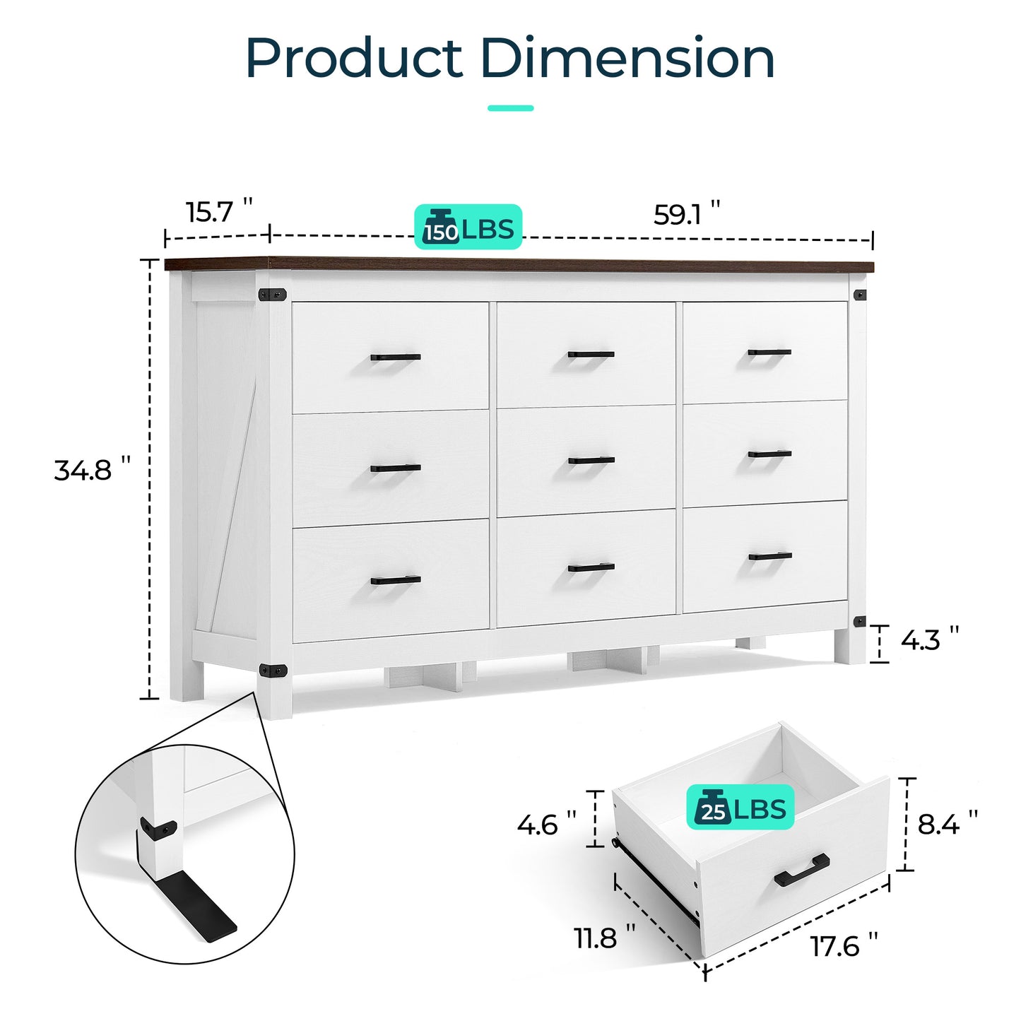 Dresser for Bedroom, Modern Dressers with Spacious Storage and Metal Handles