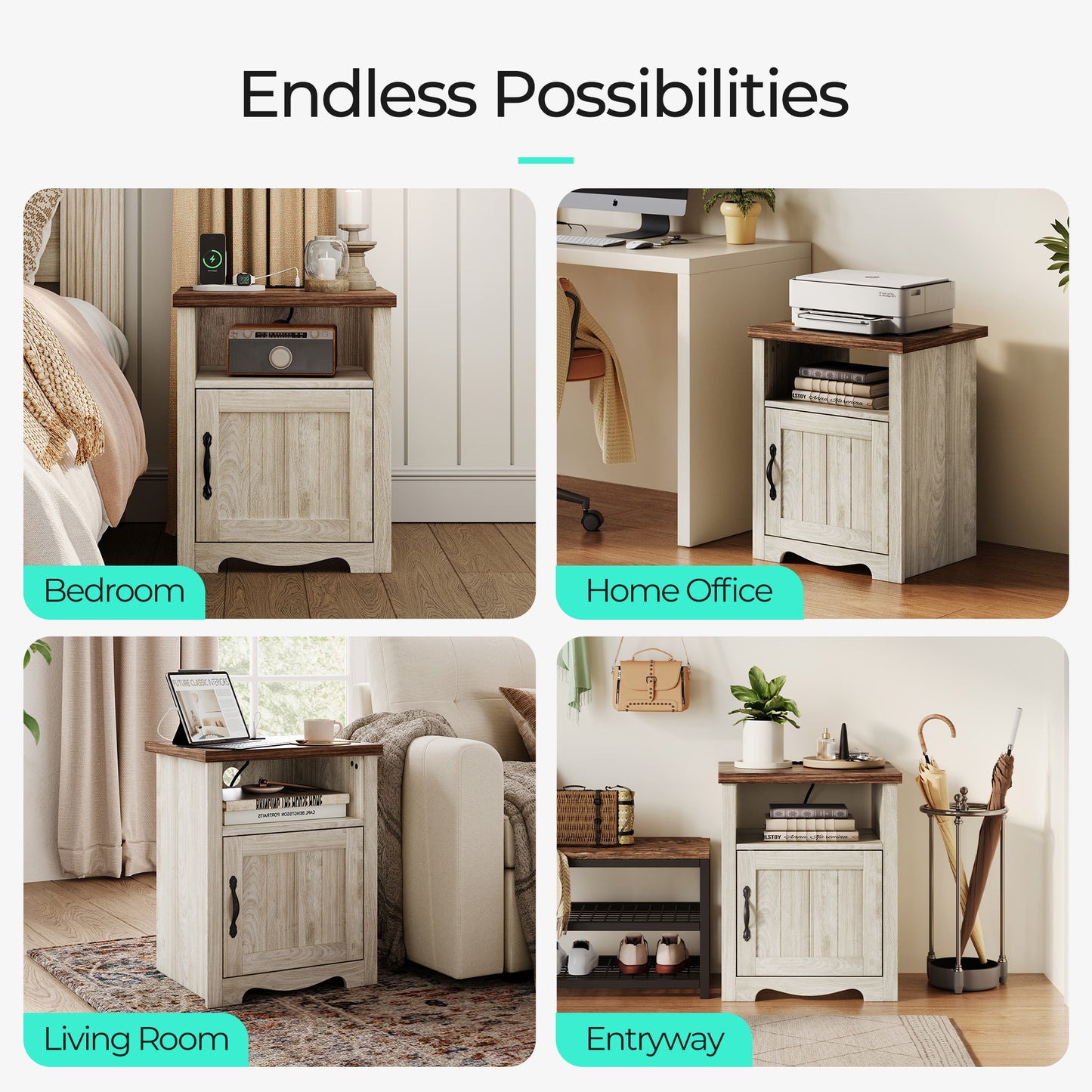 Farmhouse Nightstand, End Table  with Build-in Charging Station for Bedroom, Living room