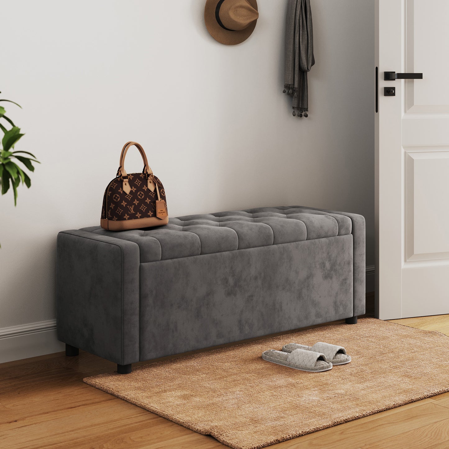 Linsy Home 50" Ottoman with Storage for Living Room, Velvet Storage Ottoman Bench with Gas Lift, Beige