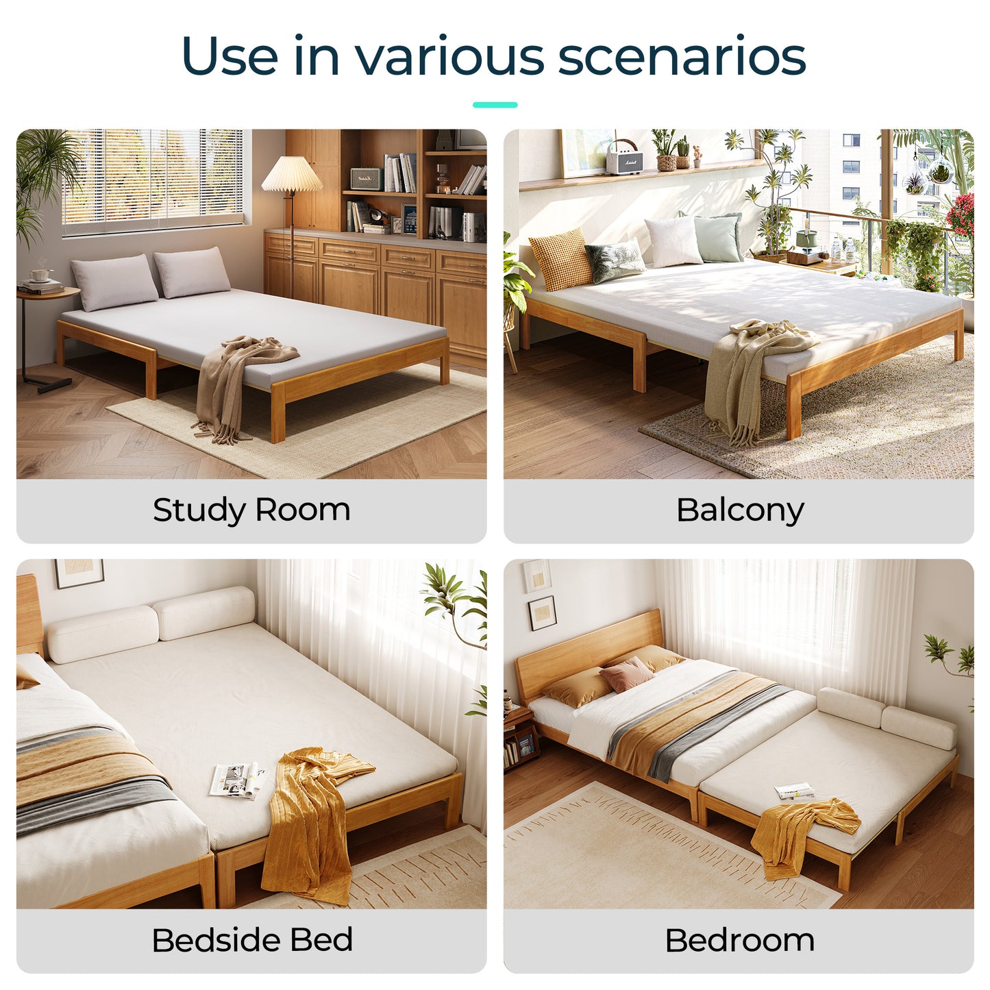 Retractable Bed frame No Headboard, wood Bed Frame with Solid Wood Slat Bases