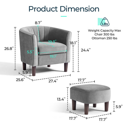 Barrel Chair with Ottoman, Velvet Accent Chair Round Armchair Reading Chair with Footrest for Bedroom, Small Spaces