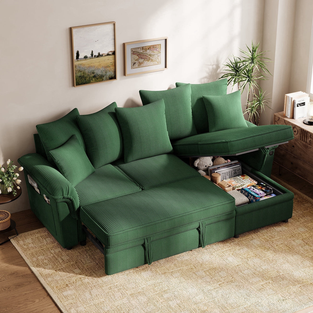 LINSY HOME Modular Sectional Sofa, Sleeper Sofa Bed with Reversible Storage Chaise, Pull Out Couch Bed with USB, Side Pocket & Two Pillows
