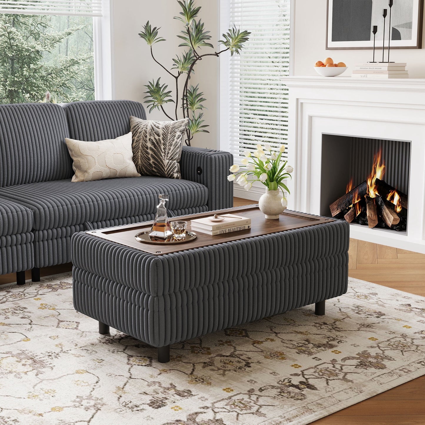 Linsy Home Plush Corduroy Storage Ottoman, Upholstered Ottoman Bench for Sofa, Coffee Table or Footrest, for Living Room, Bedroom or Entryway