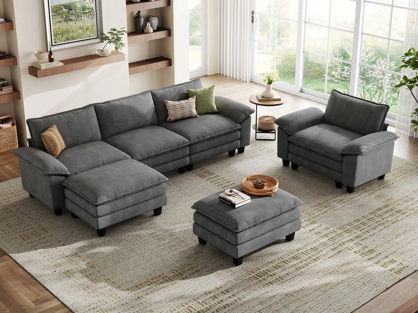 Linsy Home Oversized 4-Piece Sofa Set for Living Room, Comfy Corduroy Living Room Furniture Set Include Sectional Couch, Accent Chair and 2 Movable Ottomans