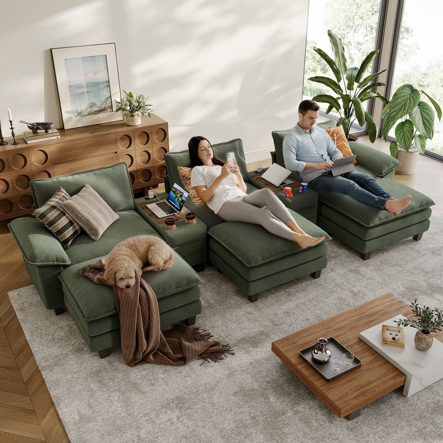 Linsy Home Oversized Modular Cloud Sectional Sofa with 3 Ottomans, 6 Seat Couches and Sofas Sectional with Versatile Console