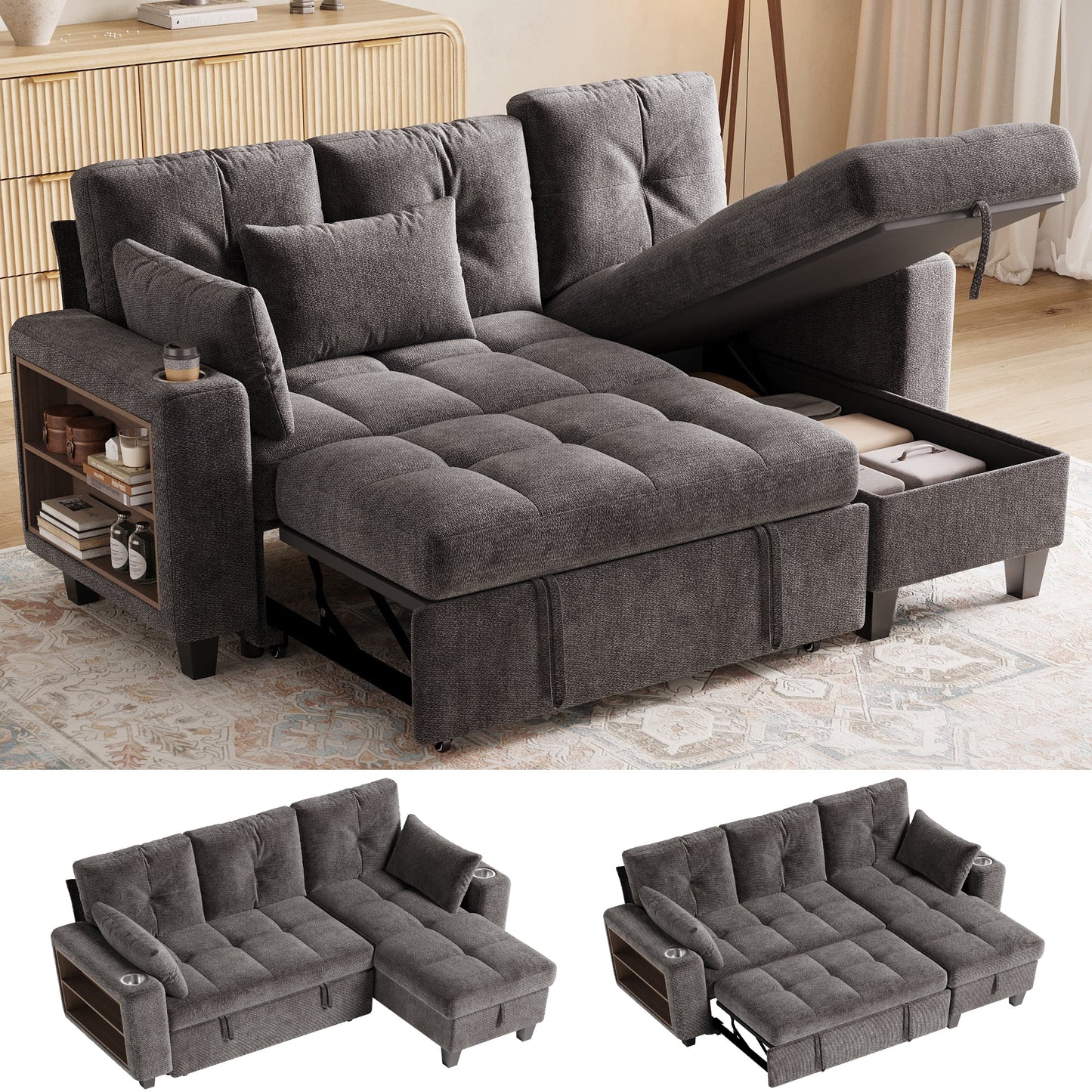 LINSY HOME 83in Modular Sectional Sofa with Pull Out Bed, Multi-functional Armrest & Storage Chaise, 3-Seat Pull Out Couch with Shelves, USB Ports & Cup Holders, Chenille Gray