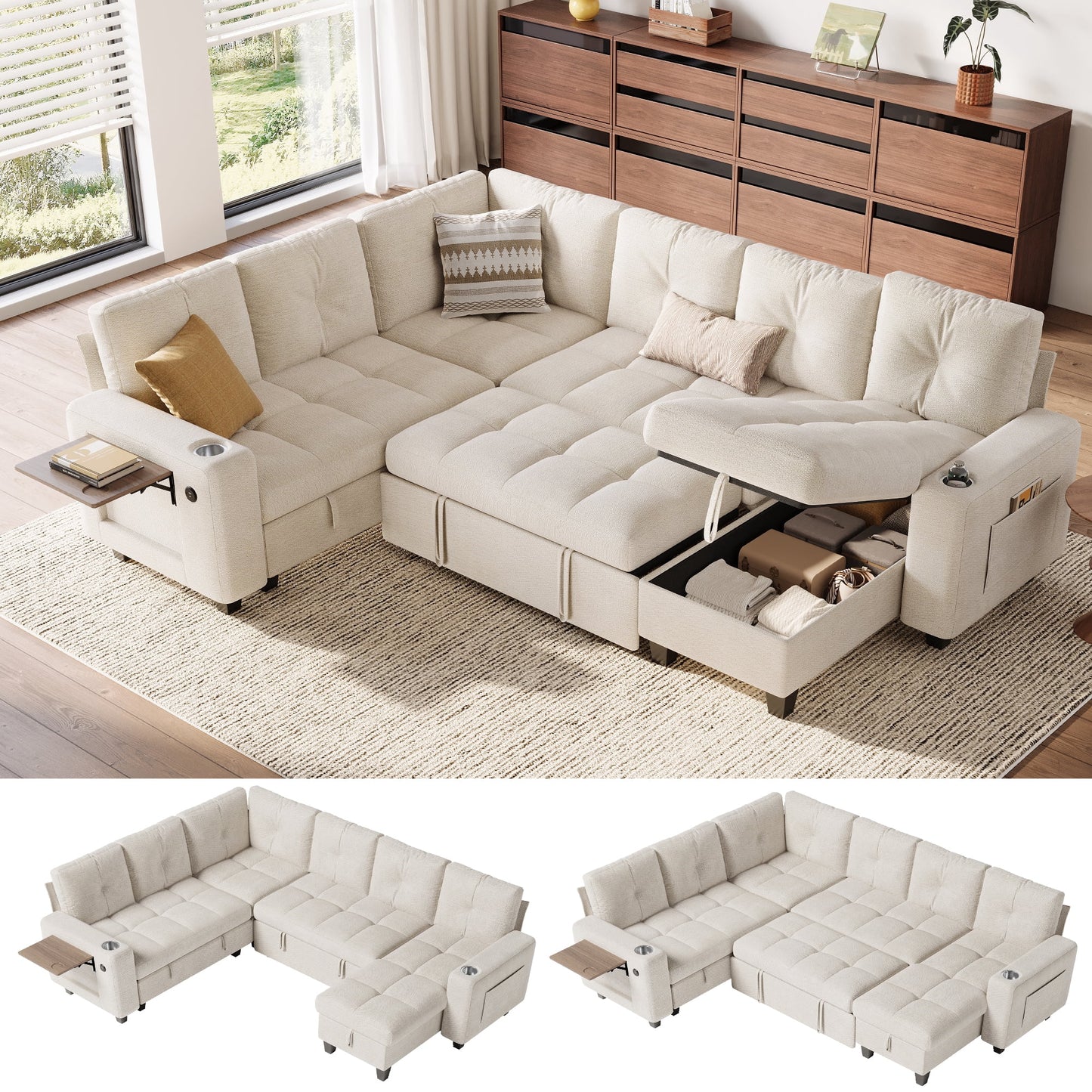 LINSY HOME 107in Modular Sectional Sofa with Pull Out Bed, Foldable Side Table & Storage Chaise, 6-Seat L Shape Couch with USB Charging for Living Room, Chenille Beige
