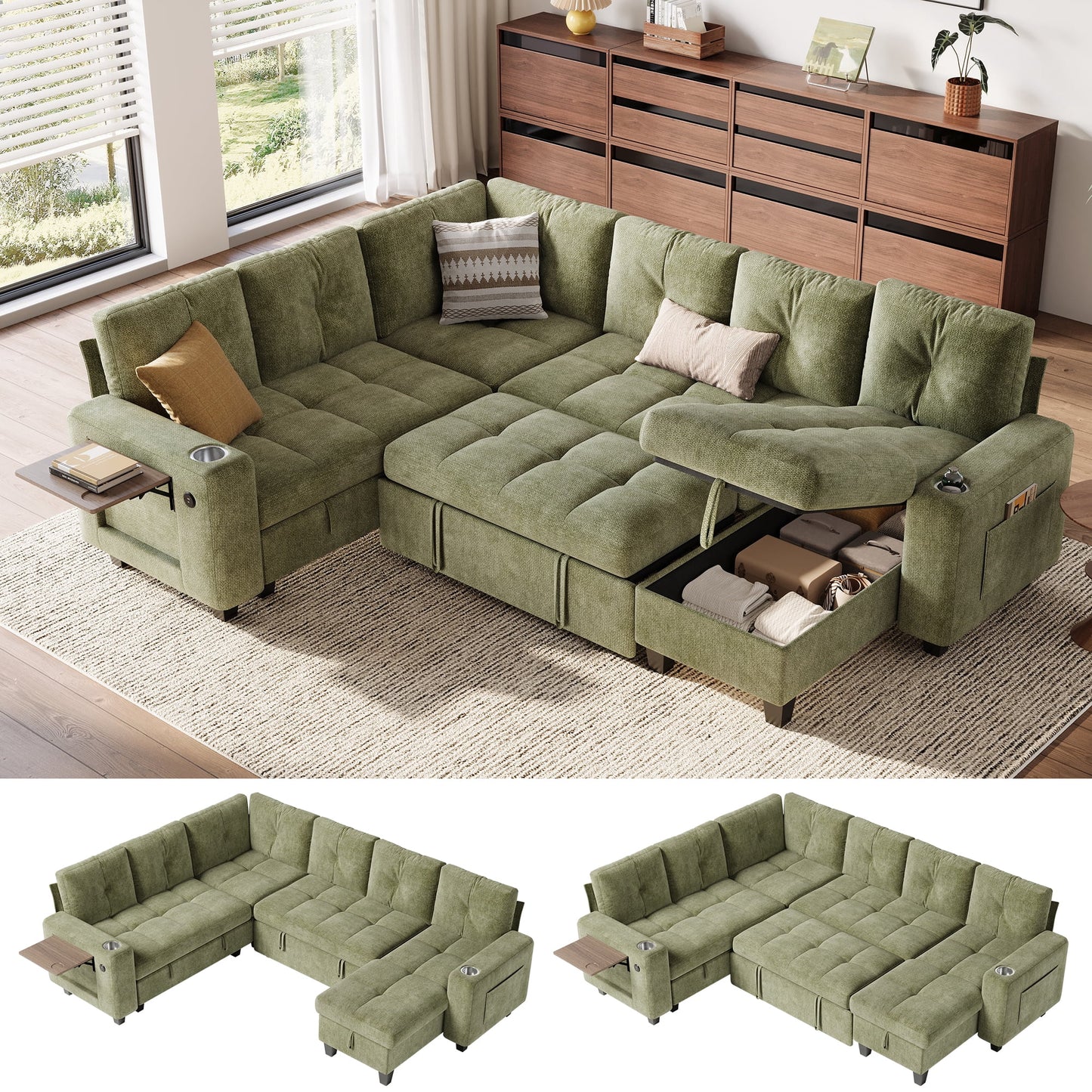 LINSY HOME 107in Modular Sectional Sofa with Pull Out Bed, Foldable Side Table & Storage Chaise, 6-Seat L Shape Couch with USB Charging for Living Room, Chenille Green