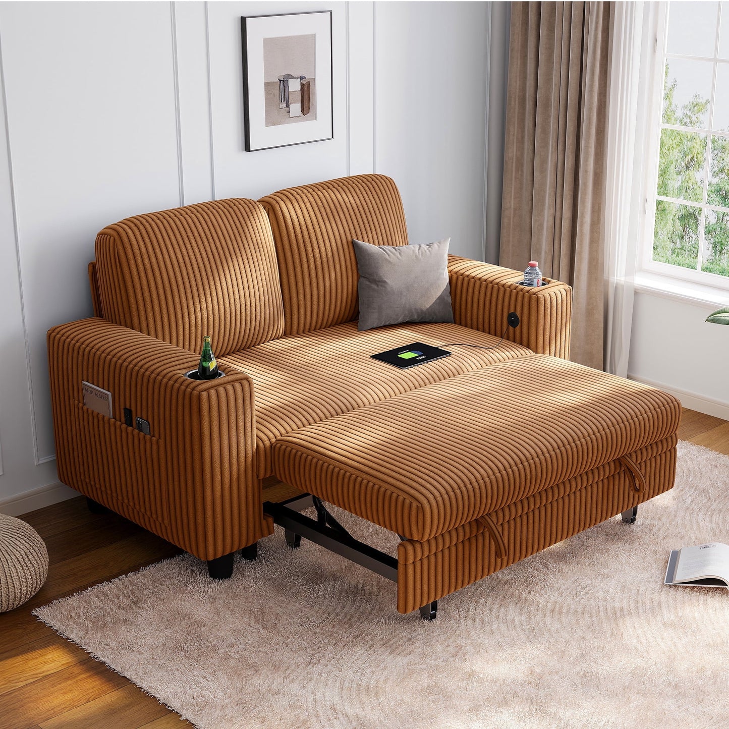 LINSY HOME Pull Out Couch Chaise Lounge for Living Room, Convertible Loveseat Sofa Couch With Usb & Cup Holder