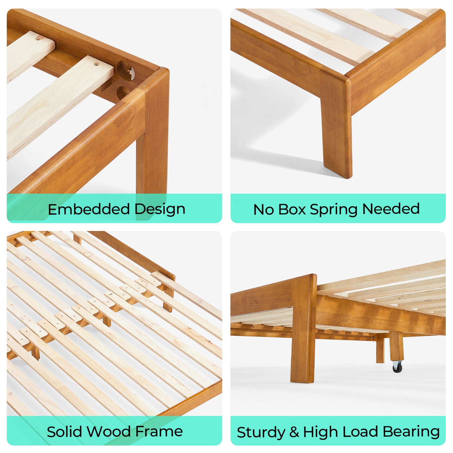 Retractable Bed frame No Headboard, wood Bed Frame with Solid Wood Slat Bases