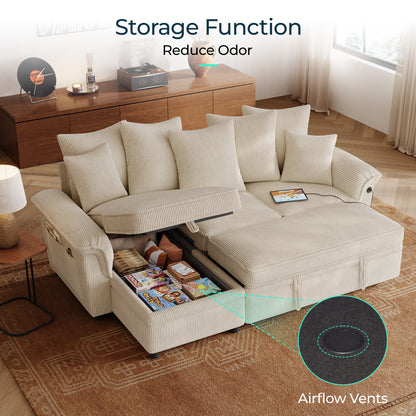Linsy HS039-02 Pull Out Couch Chaise Lounge, Convertible Loveseat Sofa Couch with Usb & Two Pillows