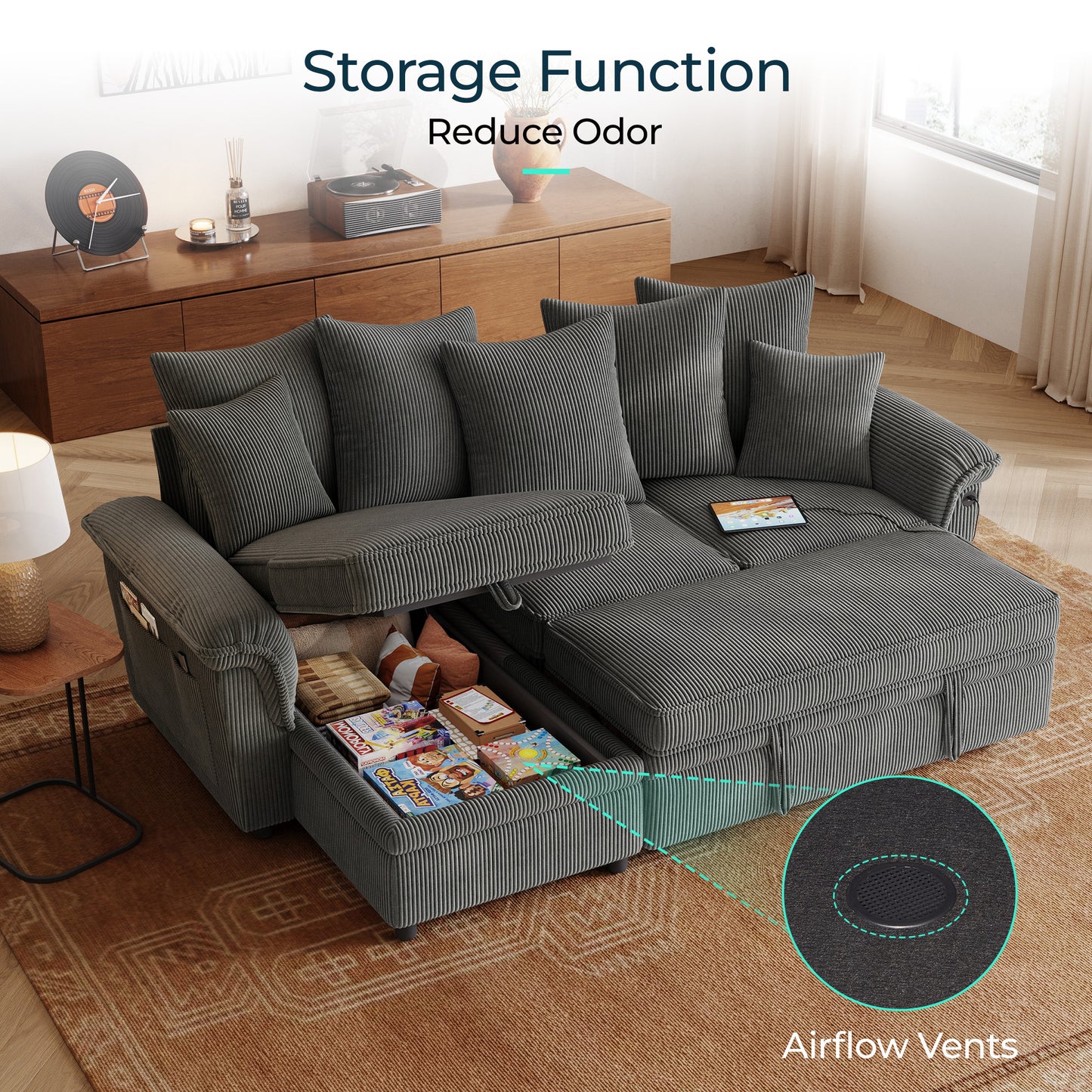 Linsy HS039-02 Pull Out Couch Chaise Lounge, Convertible Loveseat Sofa Couch with Usb & Two Pillows