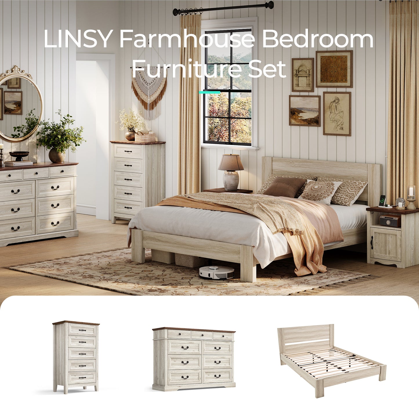 Farmhouse Nightstand, End Table  with Build-in Charging Station for Bedroom, Living room