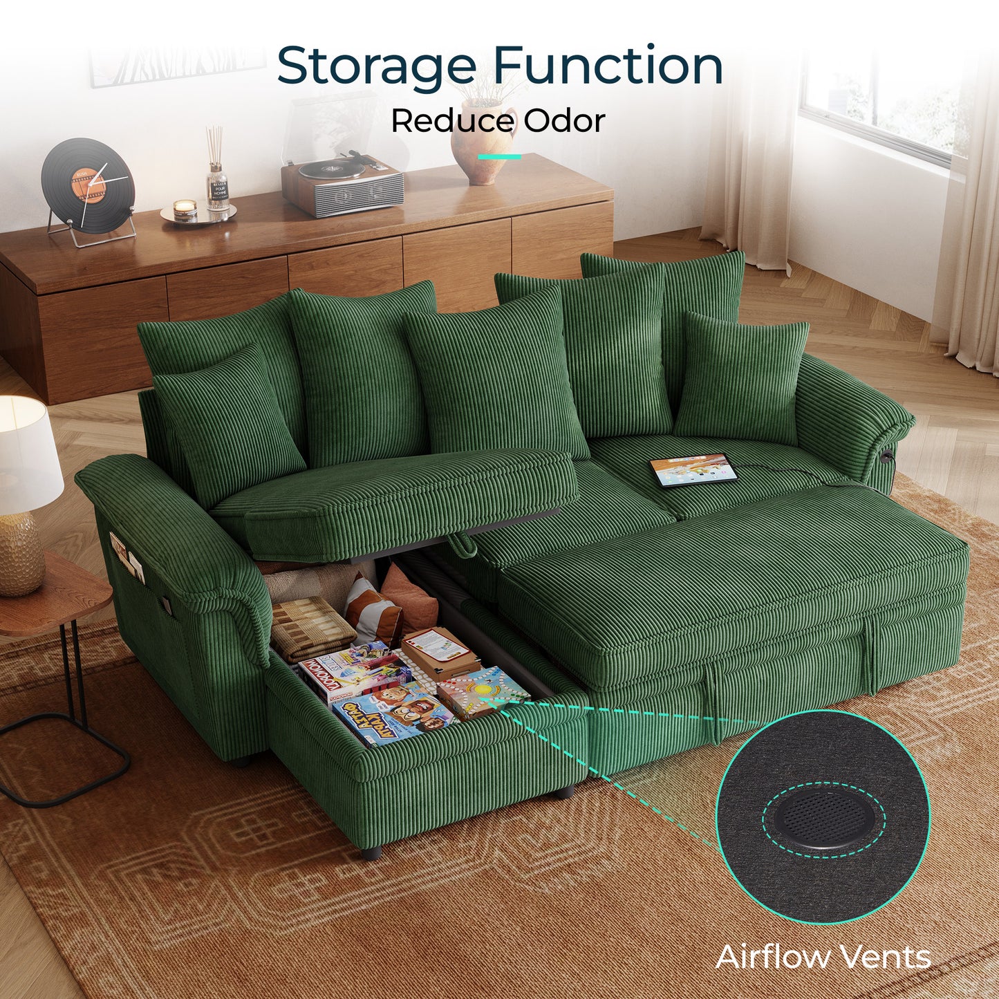 Linsy Home HS039-03 Sofa Bed with Reversible Storage Chaise, Pull Out Couch Bed with USB