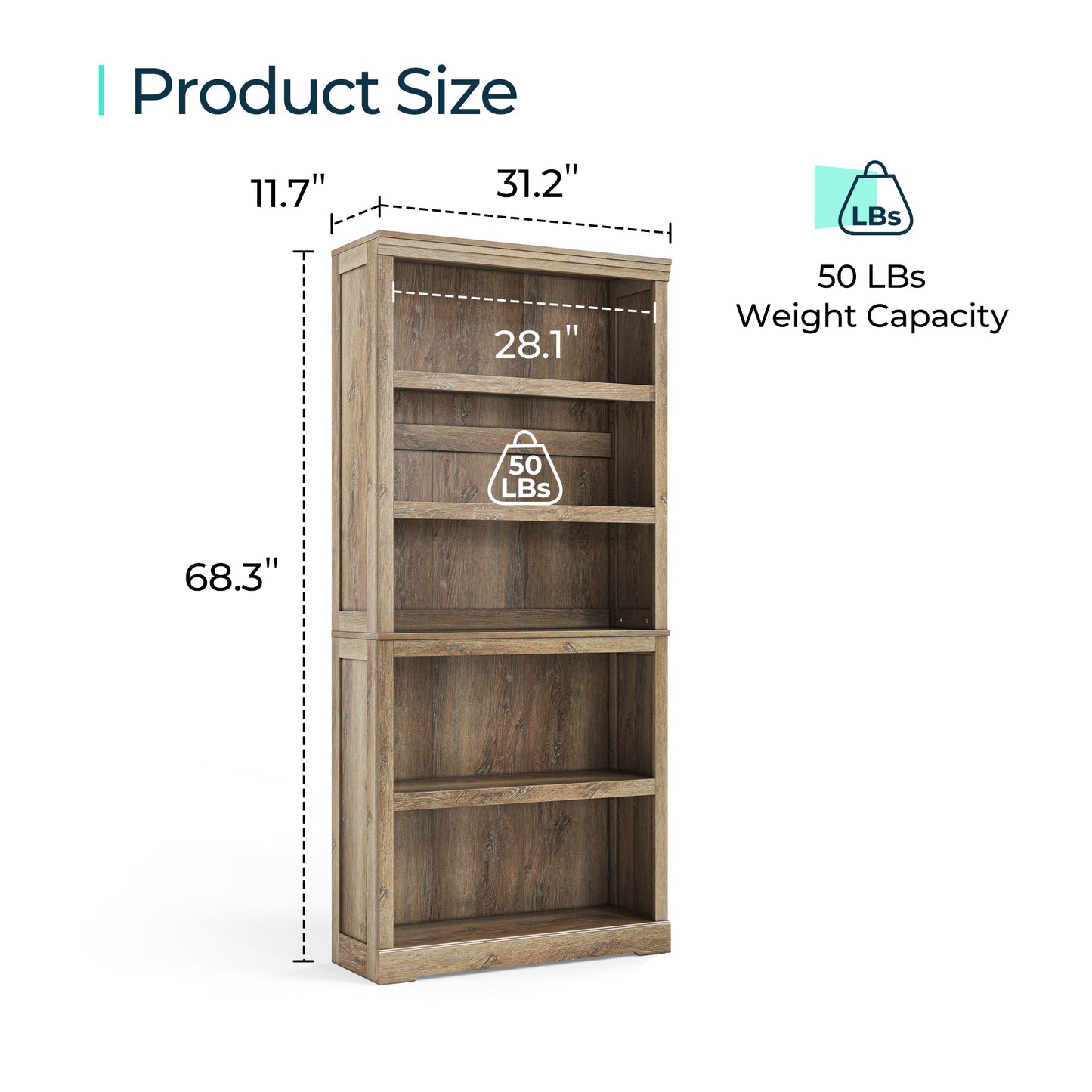 68 in 5 Tier Bookshelf, Tall Bookcase Shelf Storage Organizer, Modern Book Shelf for Bedroom