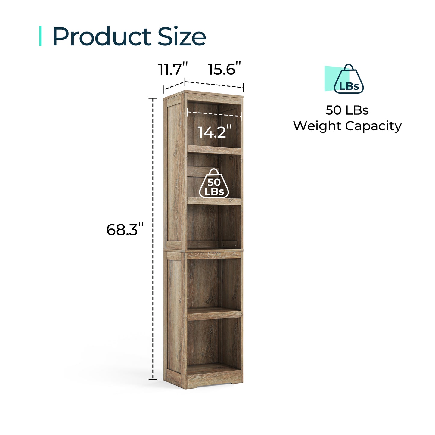68 in 5 Tier Bookshelf, Tall Bookcase Shelf Storage Organizer, Modern Book Shelf for Bedroom