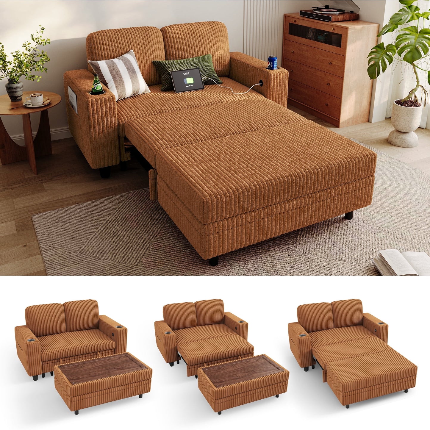 LINSY HOME Pull Out Couch Chaise Lounge, Plush Corduroy Convertible Loveseat Sofa Couch with Storage Ottoman