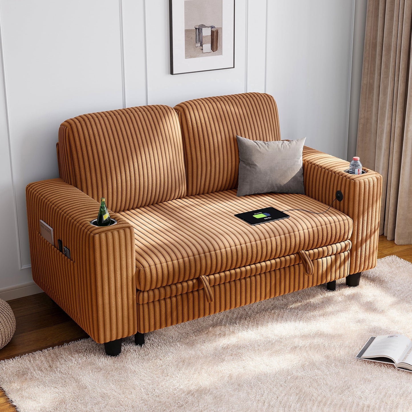 LINSY HOME Loveseat Sofa Couch for Living Room, 2 Seaterss Sofa Couch with USB & Cup Holder, Easy Assembly