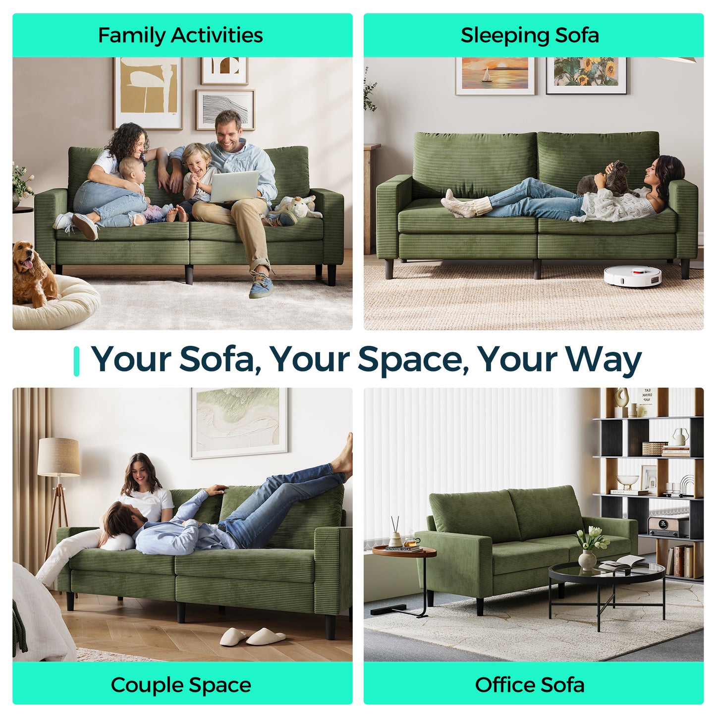 79'' Corduroy Loveseat Sofa – Adjustable Deep Seat Couch for Living Room, Bedroom, or Office
