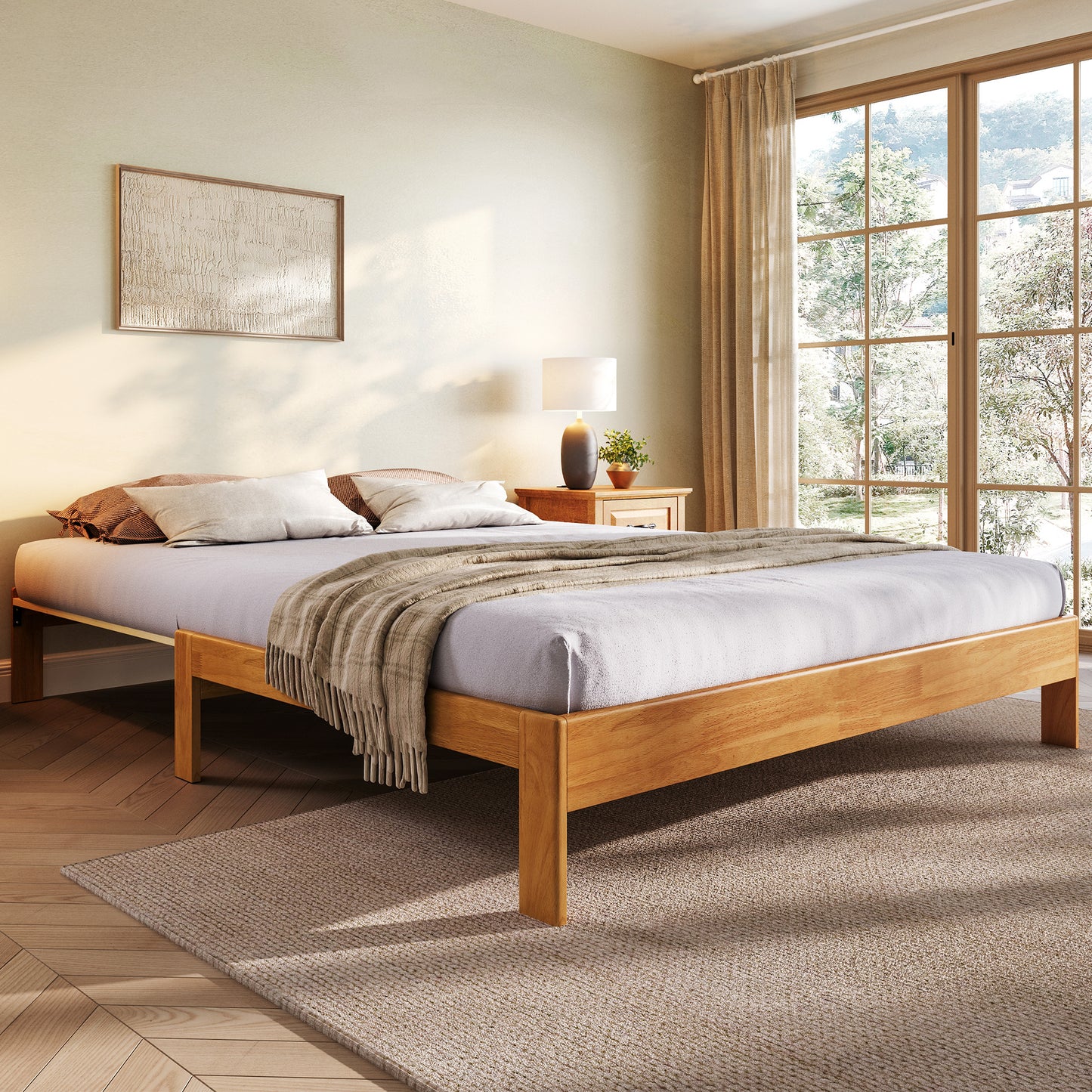 Retractable Bed frame No Headboard, wood Bed Frame with Solid Wood Slat Bases