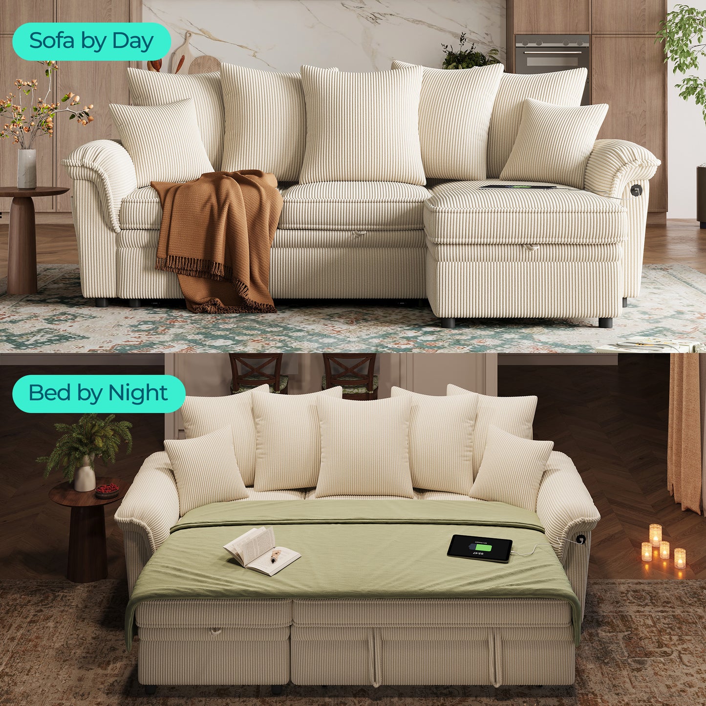 Linsy HS039-02 Pull Out Couch Chaise Lounge, Convertible Loveseat Sofa Couch with Usb & Two Pillows