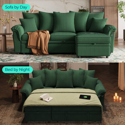 Linsy Home HS039-03 Sofa Bed with Reversible Storage Chaise, Pull Out Couch Bed with USB