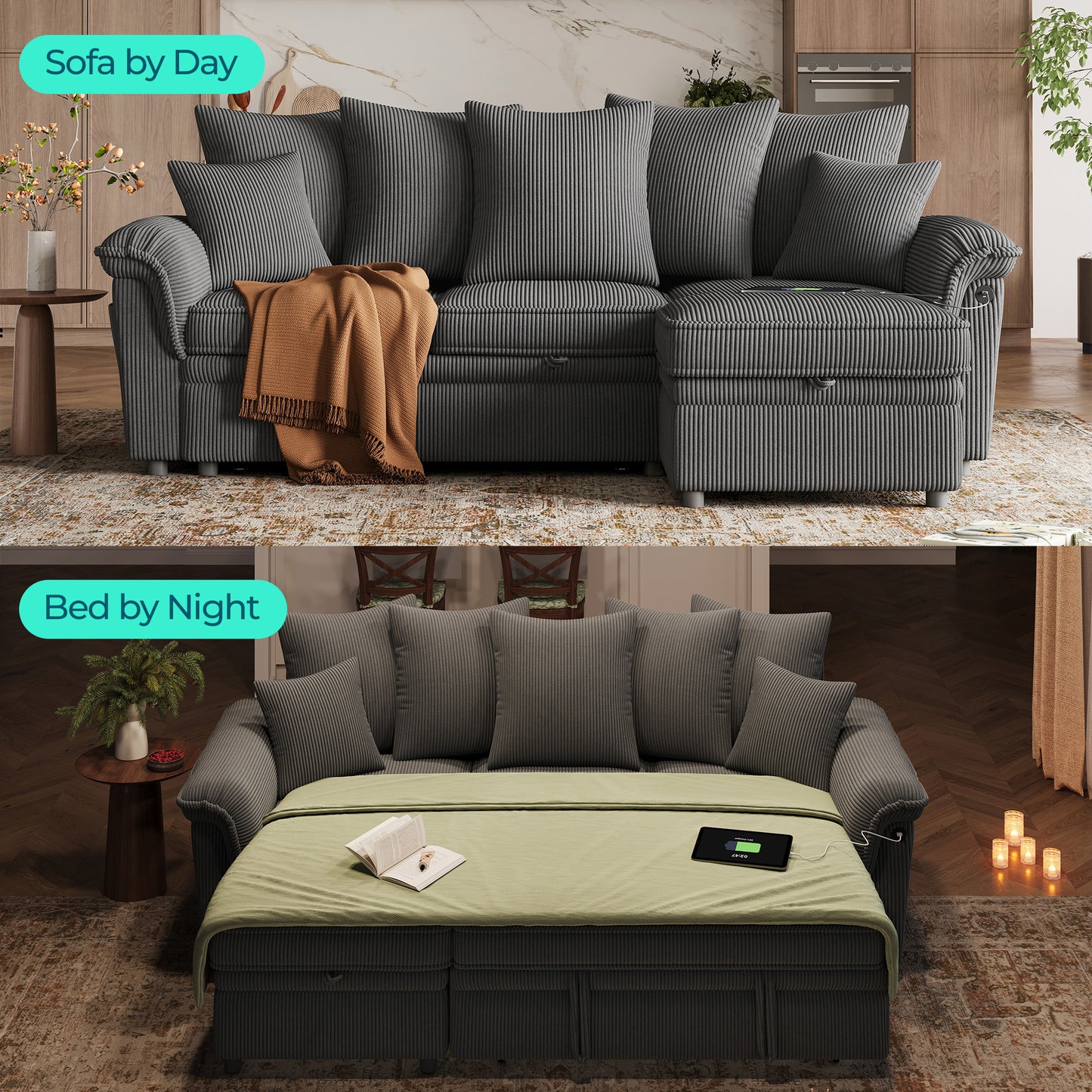 Linsy HS039-02 Pull Out Couch Chaise Lounge, Convertible Loveseat Sofa Couch with Usb & Two Pillows