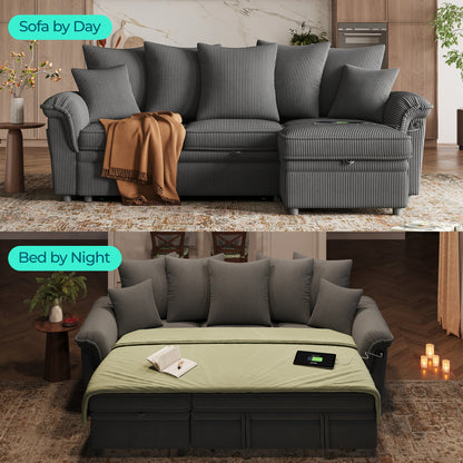 Linsy HS039-02 Pull Out Couch Chaise Lounge, Convertible Loveseat Sofa Couch with Usb & Two Pillows