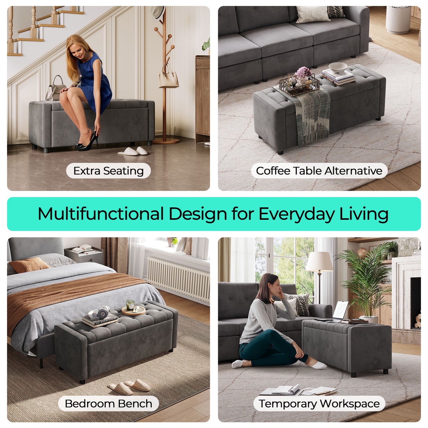 Linsy Home 50" Ottoman with Storage for Living Room, Velvet Storage Ottoman Bench with Gas Lift, Beige