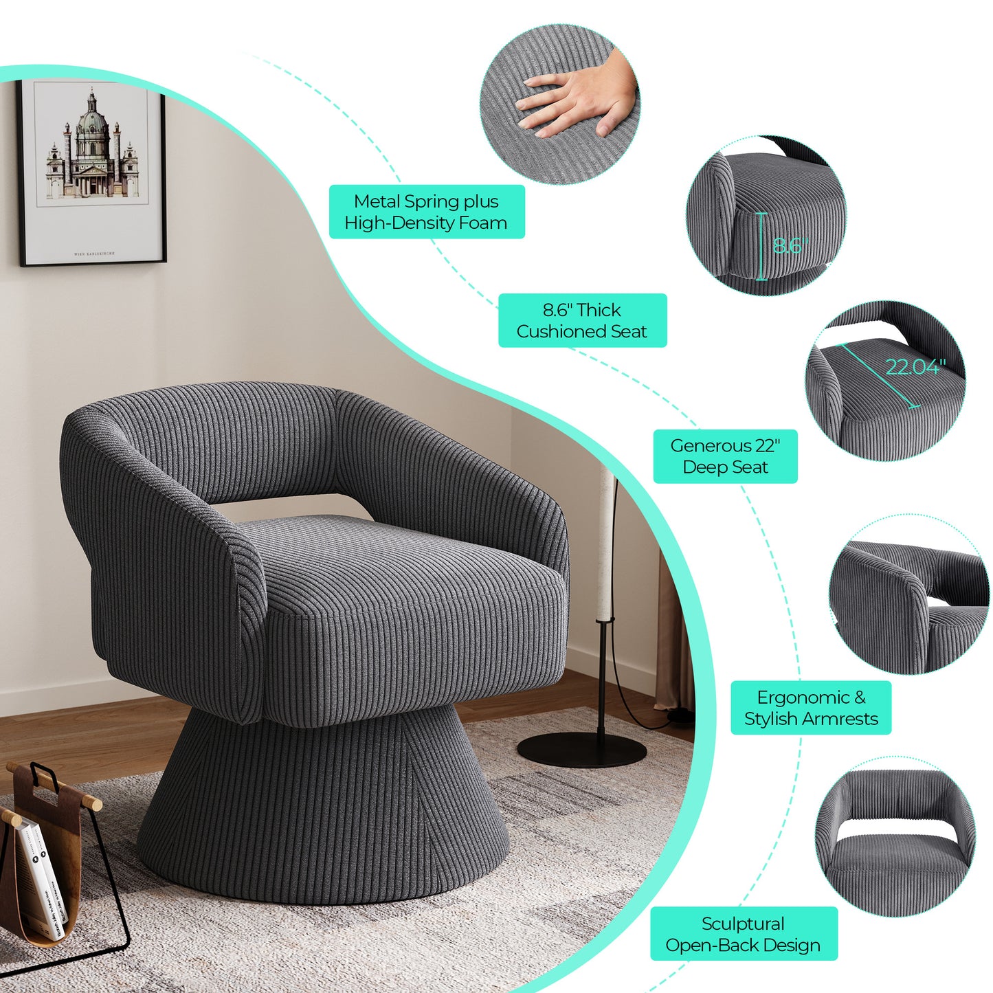 Swivel Accent Chair, Small Barrel Chair with Armrest, Cozy Modern Arm Chair for Living Room, Bedroom, Apartment