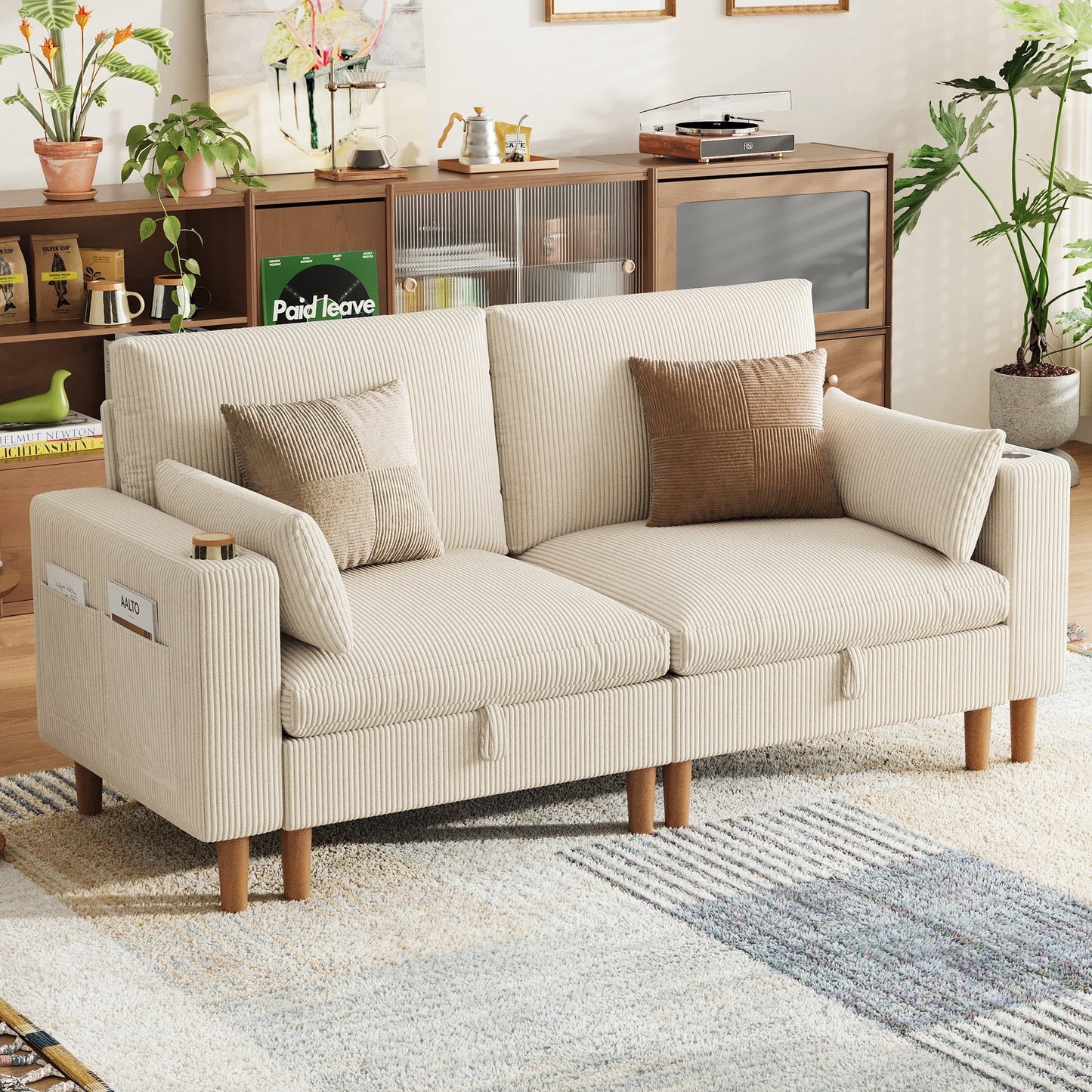 LINSY HOME 76in Modular Loveseat with Storage for Small Places, Comfy Deep Seat Corduroy Sofa with USB Charging Port, Side Pocket & Cup Holder for Living Room Bedroom