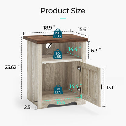 Farmhouse Nightstand, End Table  with Build-in Charging Station for Bedroom, Living room